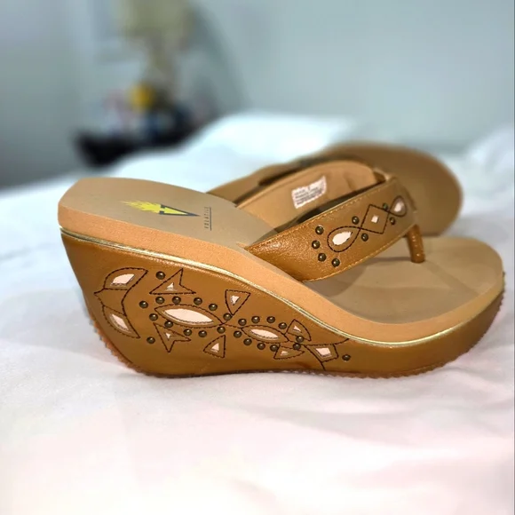 Volatile Tan Wedge Slides with Perforated Design - Picture 1 of 5